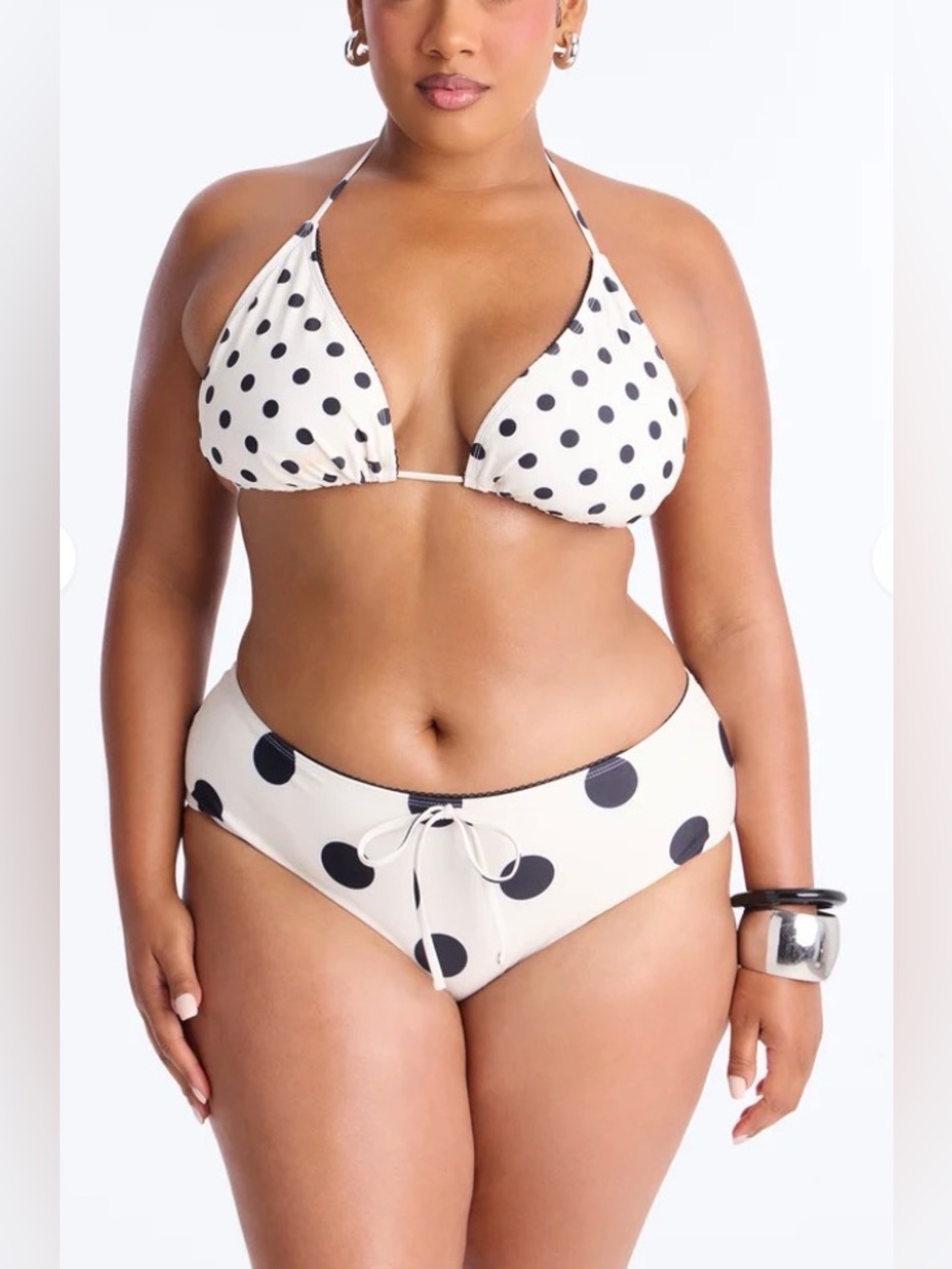Classic Polka Dot Triangle Bikini Set - Cream/Black, 1X